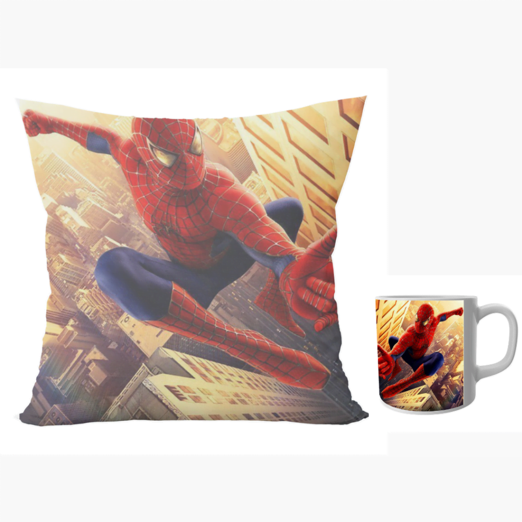 Avengers superhero spidermen design combo set of 12x12 inch satin cushion and ceramic coffee mug 350 ml gift for kids.