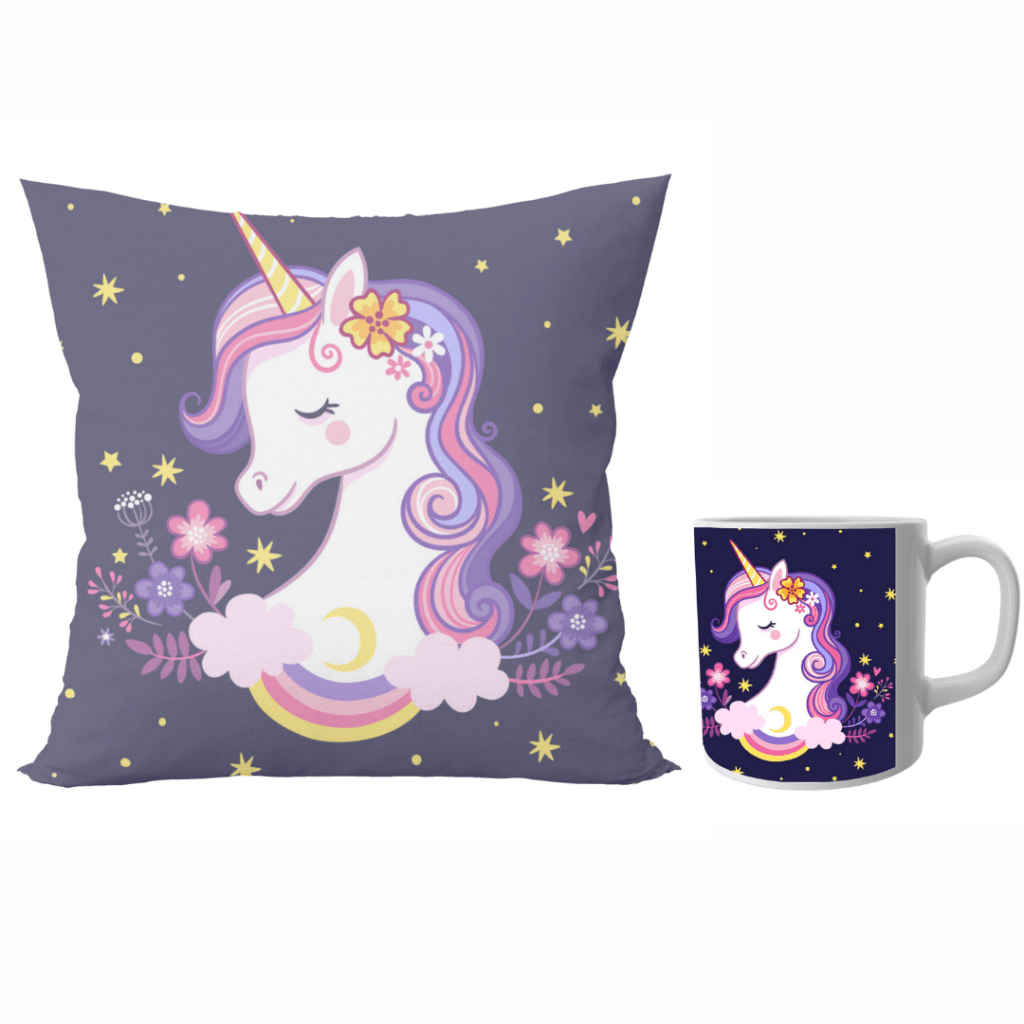 Unicorn designer cushion with cushion cover with filler and coffee mug | Cartoon unicorn - Pillow Cover: 12 x 12 inch & coffee mug: 350 ml combo pack gift for sister on Rakhi*BhaiDooj-Birthday-Everyday Gifting.