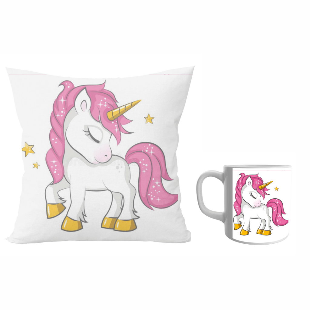 Unicorn designer cushion with cushion cover with filler and white ceramic coffee mug | Cartoon unicorn - Pillow Cover: 12 x 12 inch & white ceramic coffee mug: 350 ml combo pack gift for sister on Rakhi*BhaiDooj-Birthday-Everyday Gifting.