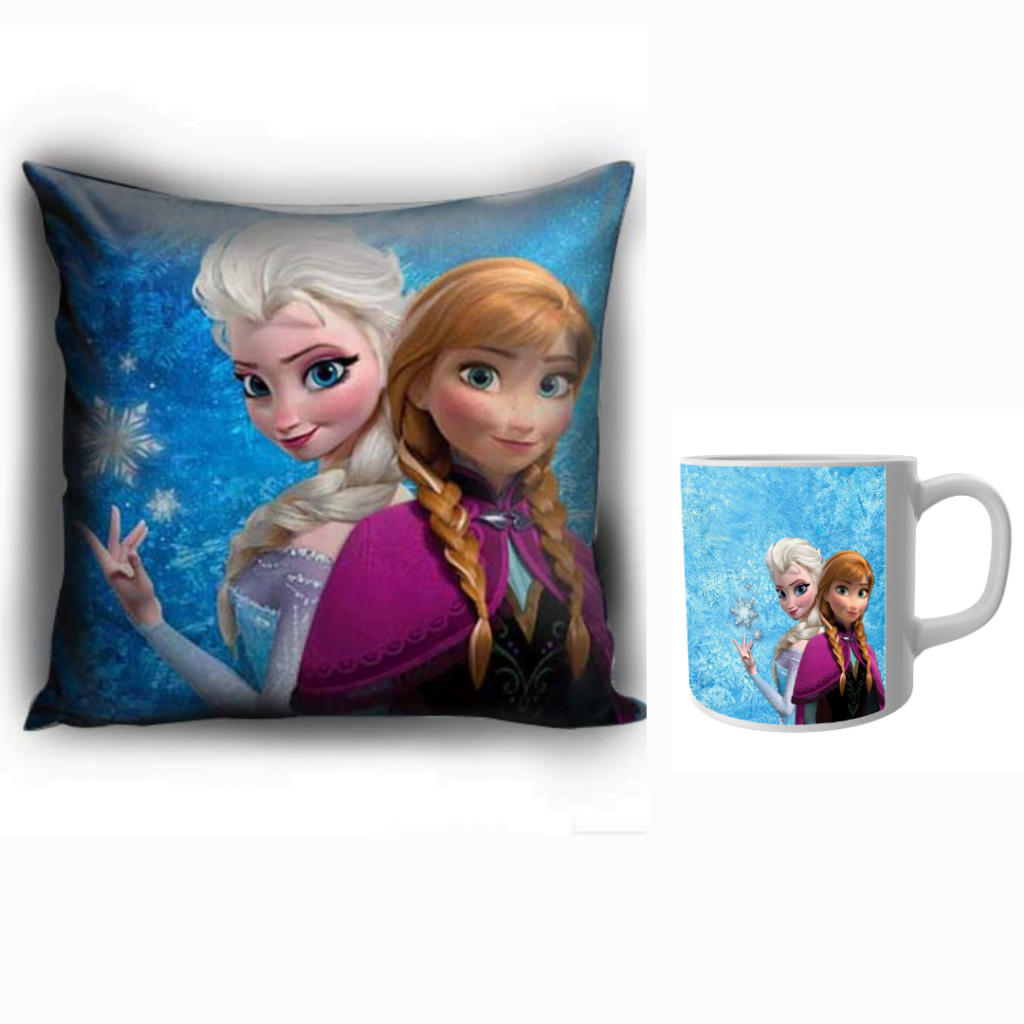 Elsa princess designer cushion with cushion cover with filler and white ceramic coffee mug | Cartoon Elsa princess - Pillow Cover: 12 x 12 inch & coffee mug: 350 ml combo pack gift for kids, brithday gifts.