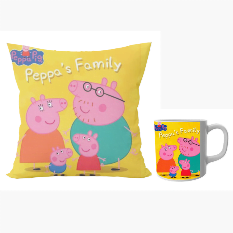 Peppa pig family designer cushion with cushion cover with filler and coffee mug | Cartoon peppa pig family- Pillow Cover: 12 x 12 inch & coffee mug: 350 ml combo pack.