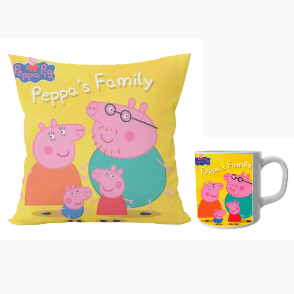 Peppa pig family designer cushion with cushion cover with filler and coffee mug | Cartoon peppa pig family- Pillow Cover: 12 x 12 inch & coffee mug: 350 ml combo pack. 1 - Product GuruJi Peppa pig family designer cushion with cushion cover with filler and coffee mug | Cartoon peppa pig family- Pillow Cover: 12 x 12 inch & coffee mug: 350 ml combo pack. 1 - Product GuruJi