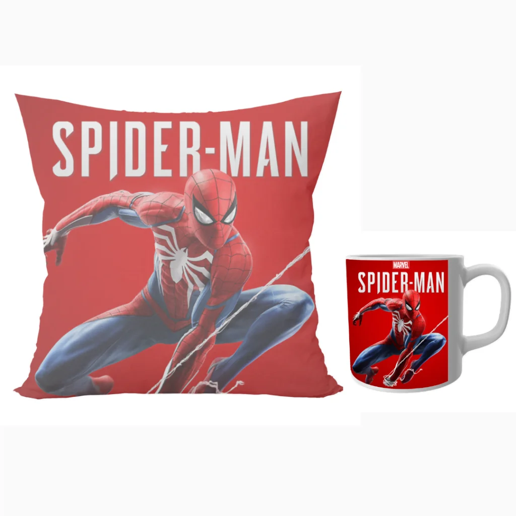 Spidermen superhero design combo set of 12x12 inch satin cushion and ceramic coffee mug 350 ml gift for kids on Rakhi*BhaiDooj-Birthday-festival Everyday Gifting.