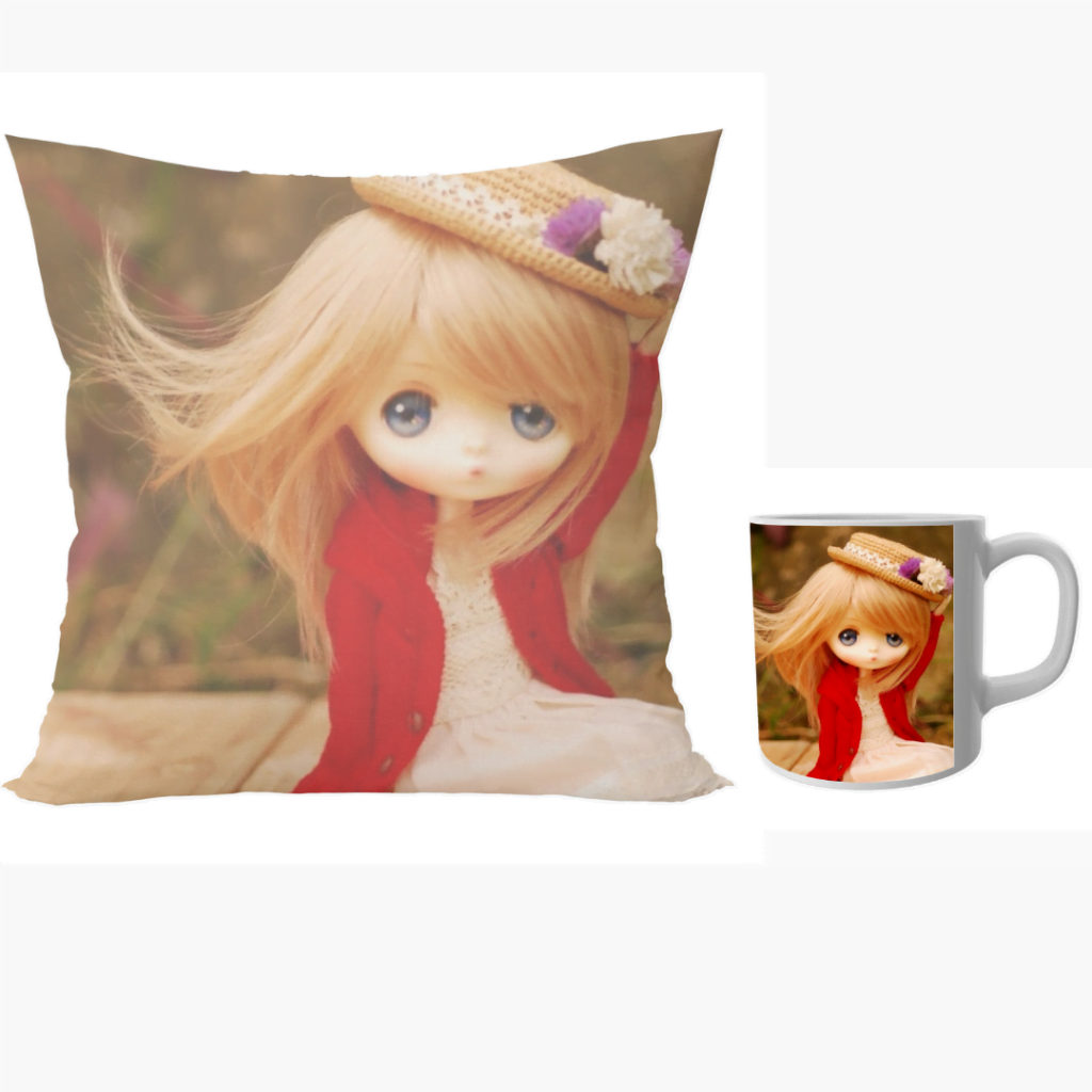 Dolls beautiful design cushion with cushion cover with filler and coffee mug | Cartoon dolls - Pillow Cover: 12 x 12 inch & coffee mug: 350 ml combo pack.