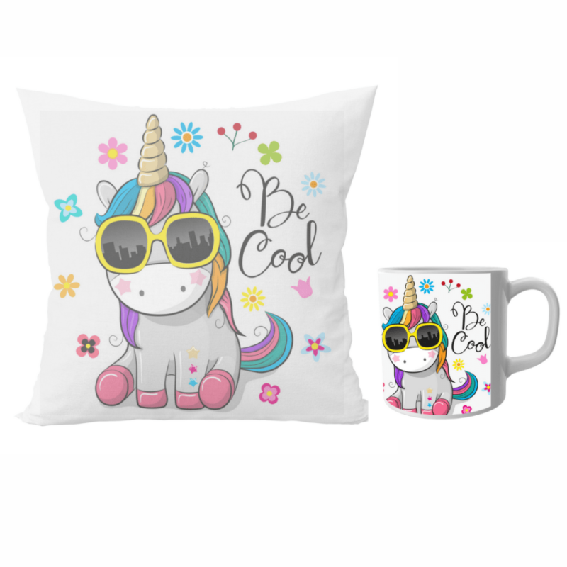 Unicorn designer cushion with cushion cover with filler and coffee mug | Cartoon Unicorn - Pillow Cover: 12 x 12 inch & coffee mug: 350 ml combo pack.