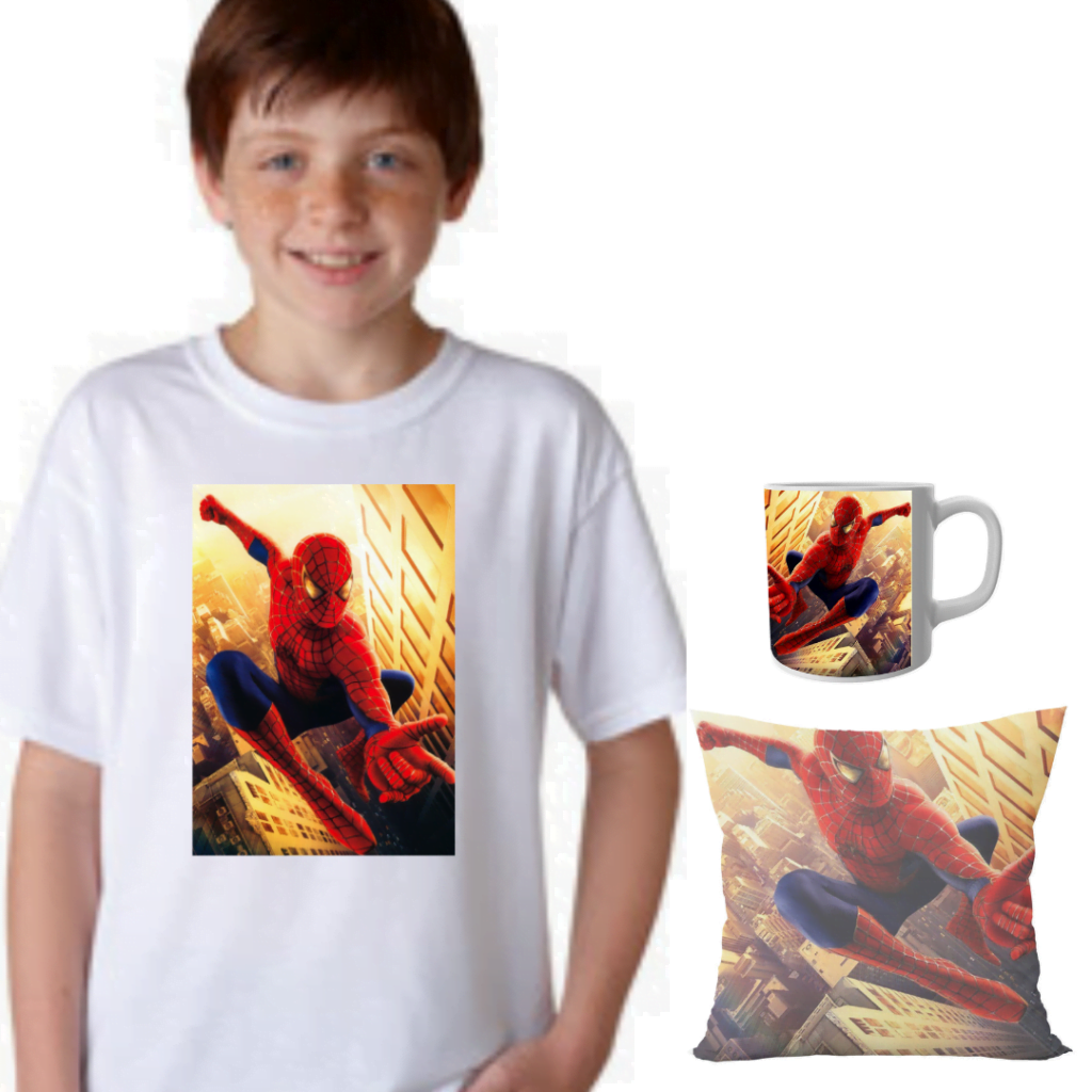 Product guruji Spidermen White Round Neck Regular Fit Premium Polyester Tshirt with Cushion and Mug.