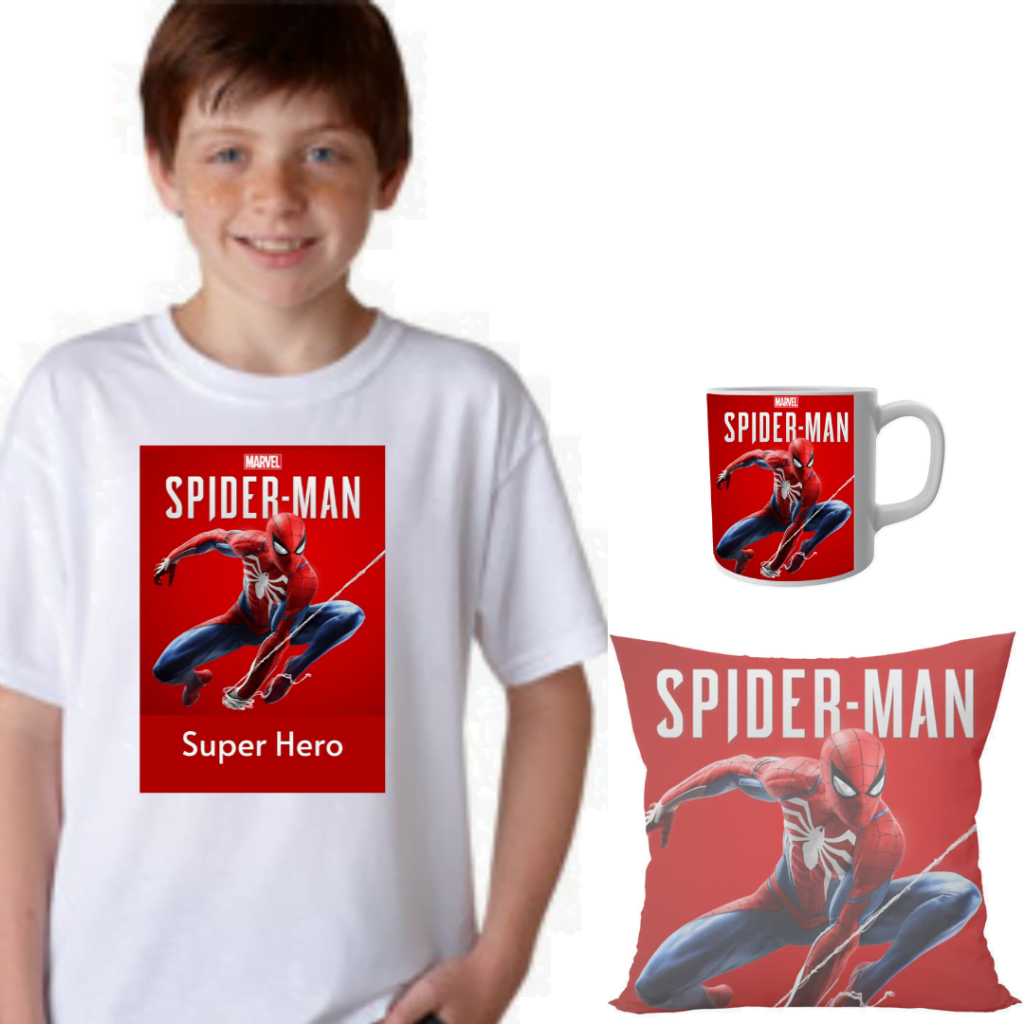 Product guruji Spidermen White Round Neck Regular Fit Premium Polyester Tshirt with cushion and mug.