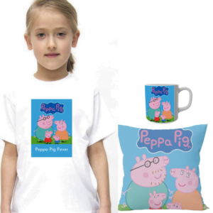 Product guruji Peppa Pig White Round Neck Regular Fit Premium Polyester Tshirt with Cushion and Mug.