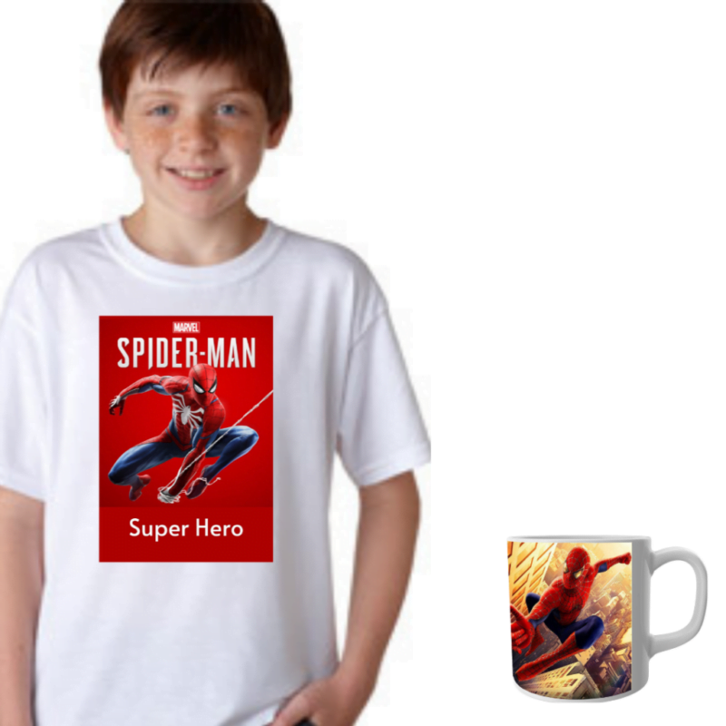 Product guruji Spidermen White Round Neck Regular Fit Premium Polyester Tshirt with Mug.