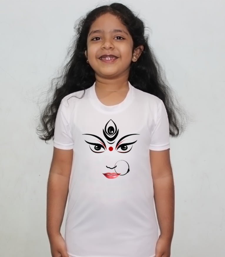 Durga Pooja Sketch Design Tshirt For Girls, Cartoon Tshirt For Girls..