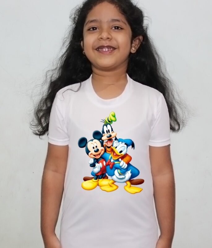 Mickey Mouse Cartoon White Round Neck Regular Fit Premium Polyester Tshirt for Girls.