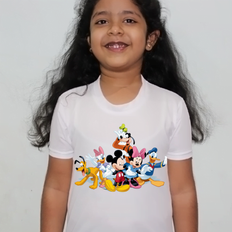 Buy Mickey Mouse Cartoon White Round Neck Regular Fit Premium Polyester Tshirt for Girls.