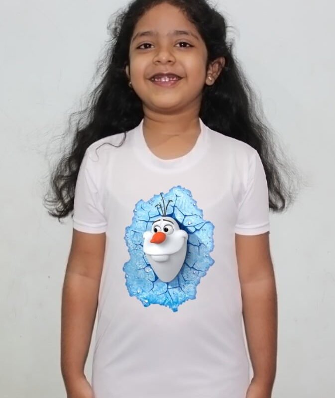 Cartoon Design White Round Neck Regular Fit Premium Polyester Tshirt for Girls.