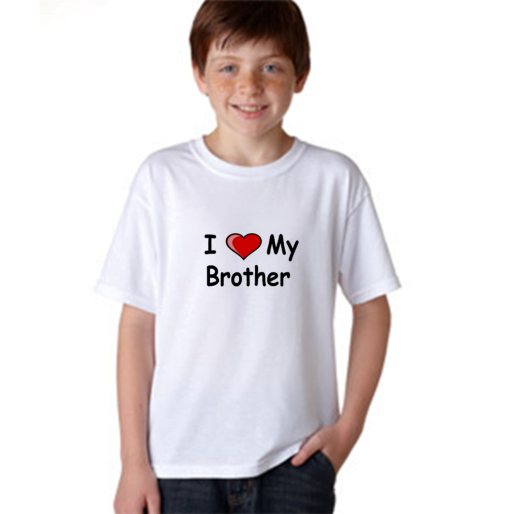 Product guruji ‘I LOVE MY BROTHER’ Text Print White Round Neck Regular Fit Premium Polyester Tshirt For Kids.