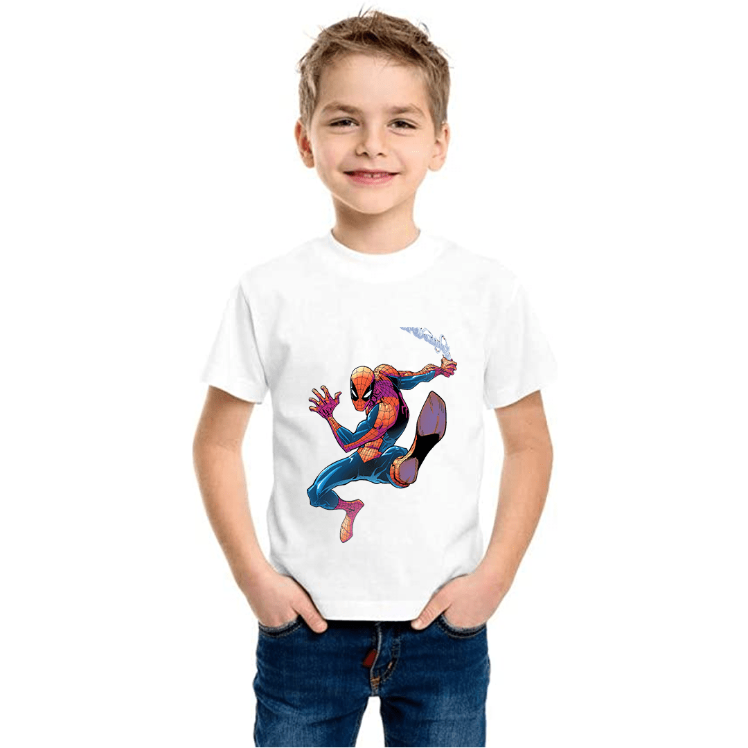 Product guruji Spidermen Action Print White Round Neck Regular Fit Premium Polyester Tshirt for Boys.?