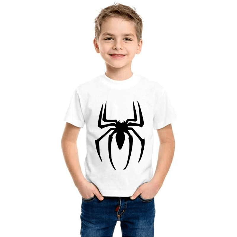 Product guruji Black Spider Print White Round Neck Regular Fit Premium Polyester Tshirt for Boys.…
