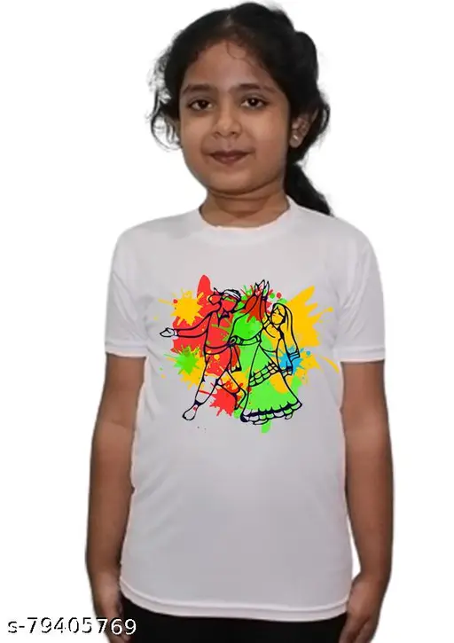 Holi White Round Neck Regular Fit Premium Polyester Tshirt for Girls