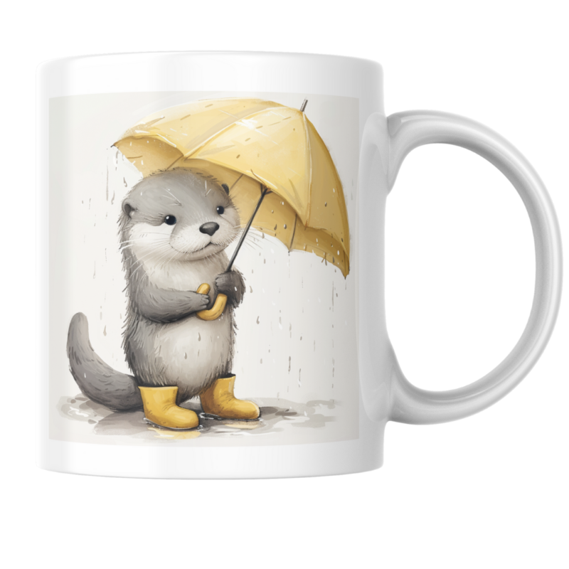 Adorable Otter in Yellow Rain Boots Holding an Umbrella, Braving the Rain with a Smile – A Whimsical and Heartwarming Illustration ☔💛