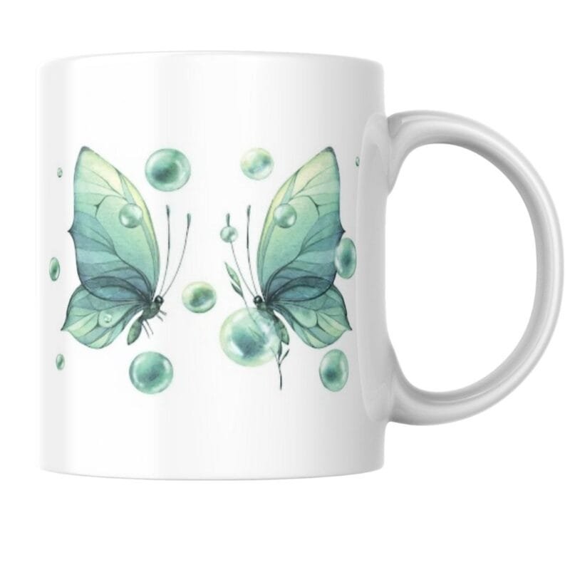 Elegant Green Watercolor Butterflies with Bubbles