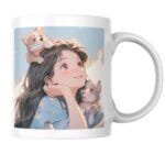 Joyful Girl in Blue Kimono Smiling with Two Cute Puppies Under a Bright, Dreamy Sky 1 - Product GuruJi Joyful Girl in Blue Kimono Smiling
