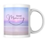 Peaceful Sunrise Over the Ocean with a Gentle 'Good Morning' Message and a Smiling Horizon 2 - Product GuruJi Good Morning'