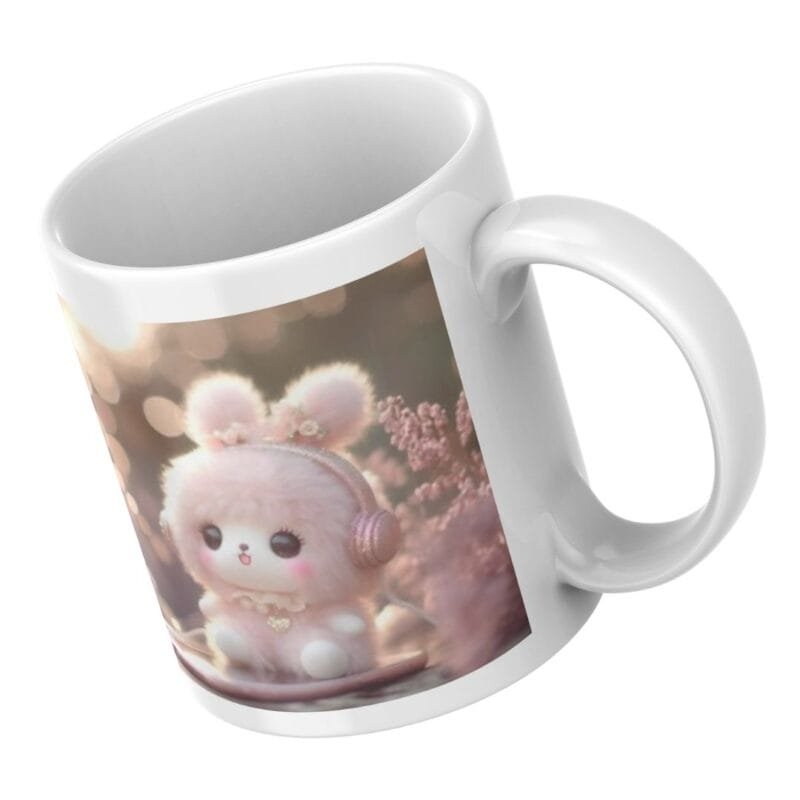 Adorable Fluffy Bunny Doll Wearing Headphones, Relaxing with Music in a Magical Pink Meadow - Image 3