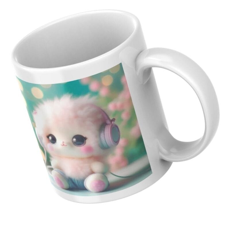 Fluffy Cute Doll with Headphones Enjoying Music in a Dreamy Garden of Pink Blossoms - Image 4