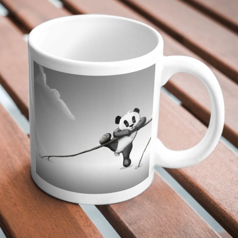 Adorable Baby Panda Balancing Playfully on a Branch Above Rippling Water Under a Cloudy Sky - Image 2