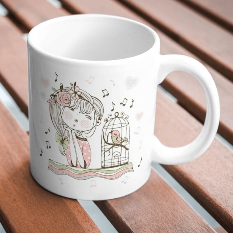 Cute Girl with Singing Bird in Cage – Whimsical Art for Kids, Cards, Stickers, or Stationery - Image 2