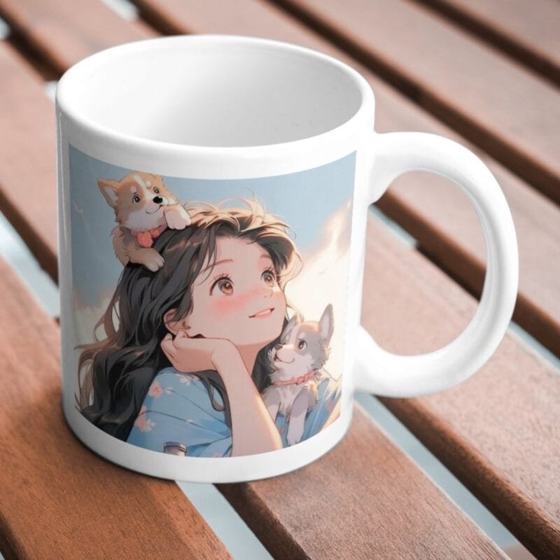 Joyful Girl in Blue Kimono Smiling with Two Cute Puppies Under a Bright, Dreamy Sky - Image 4
