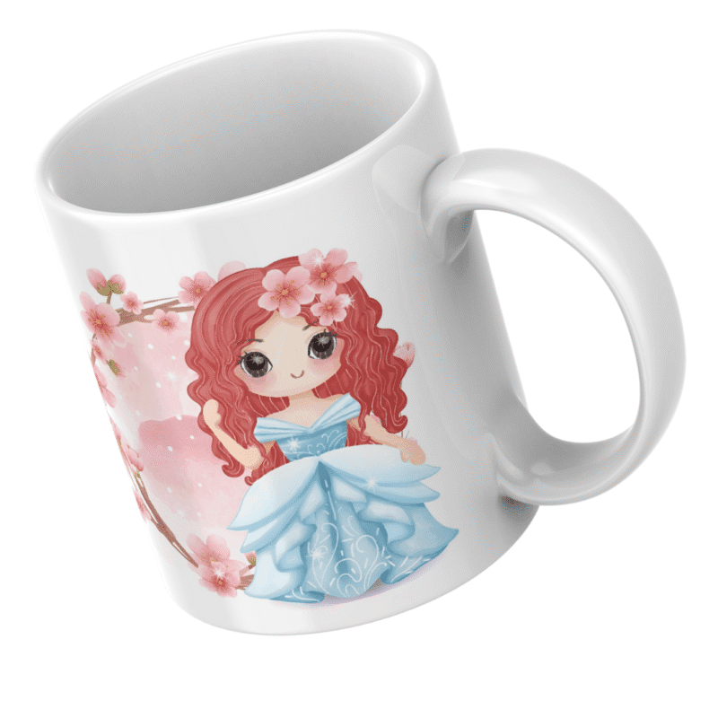 Beautiful Princess Doll With Flowing Red Hair In Blue Gown Surrounded By Blooming Pink Cherry Blossoms - Image 4