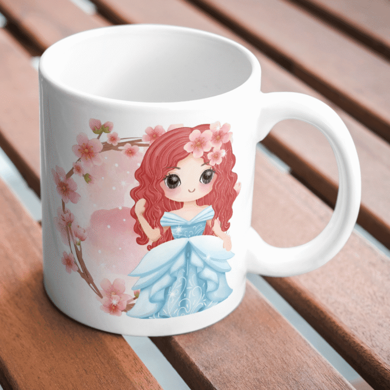 Beautiful Princess Doll With Flowing Red Hair In Blue Gown Surrounded By Blooming Pink Cherry Blossoms - Image 2