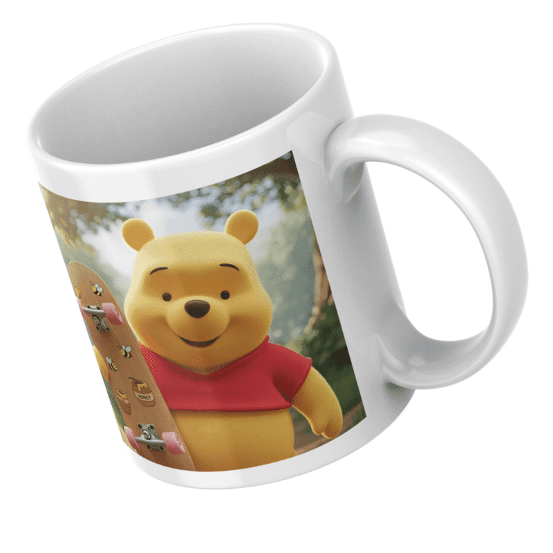 Winnie the Pooh happily holding skateboard with honey and bee designs in sunny forest background. - Image 5