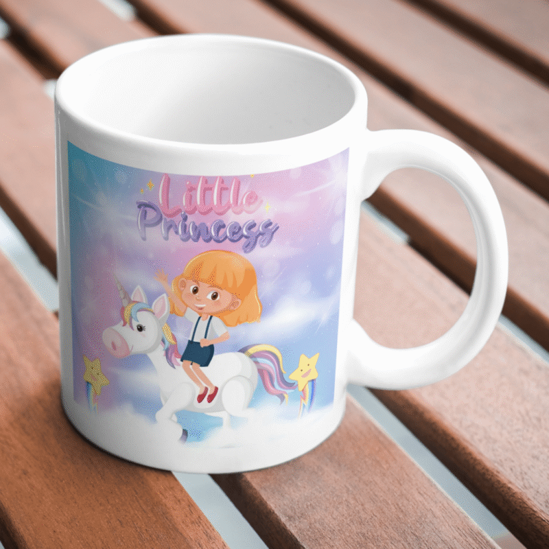 Cute little girl riding magical unicorn surrounded by stars, rainbows, clouds, colorful fantasy dreamy background. - Image 2
