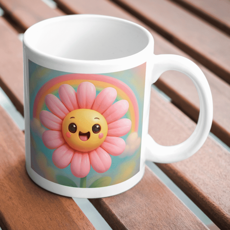 Happy smiling cartoon flower with pink petals and cheerful face, bright rainbow background, playful kids design. - Image 2