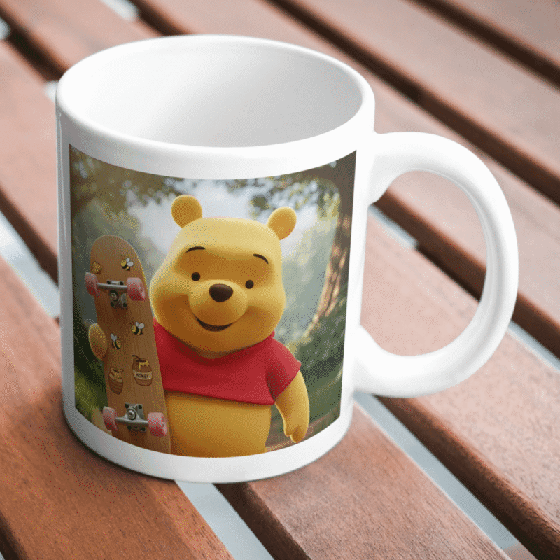 Winnie the Pooh happily holding skateboard with honey and bee designs in sunny forest background. - Image 2