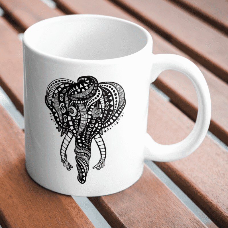 Intricate Black and White Elephant Mandala Design Featuring Tribal Patterns and Artistic Zentangle-Inspired Details - Image 2
