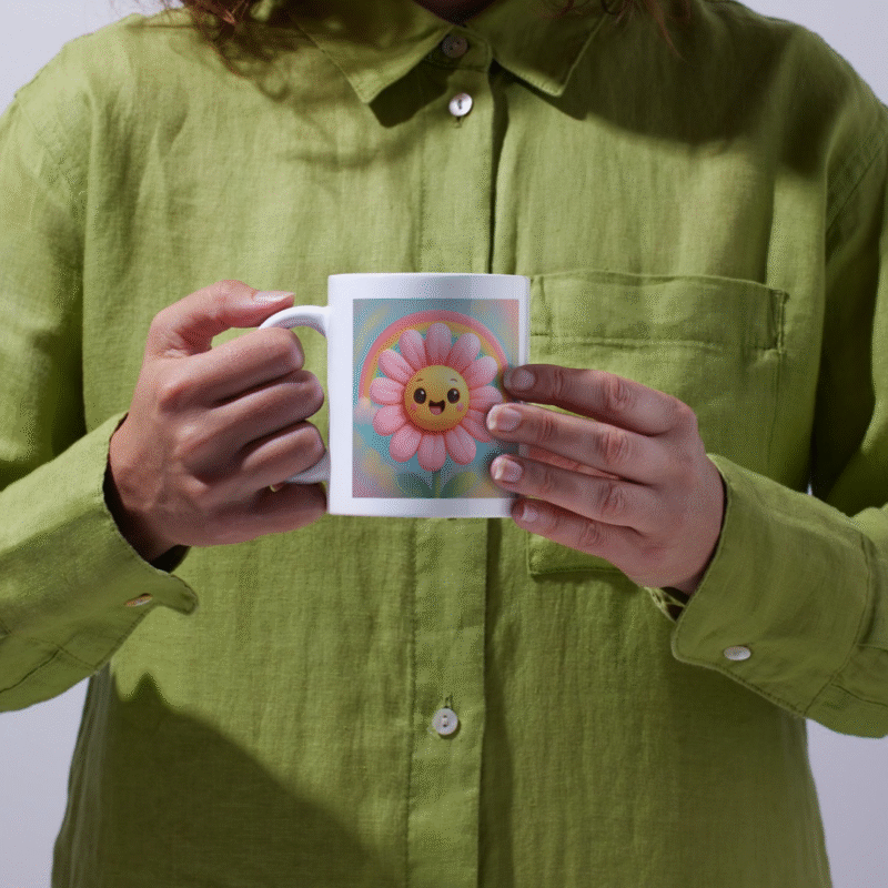 Happy smiling cartoon flower with pink petals and cheerful face, bright rainbow background, playful kids design. - Image 3
