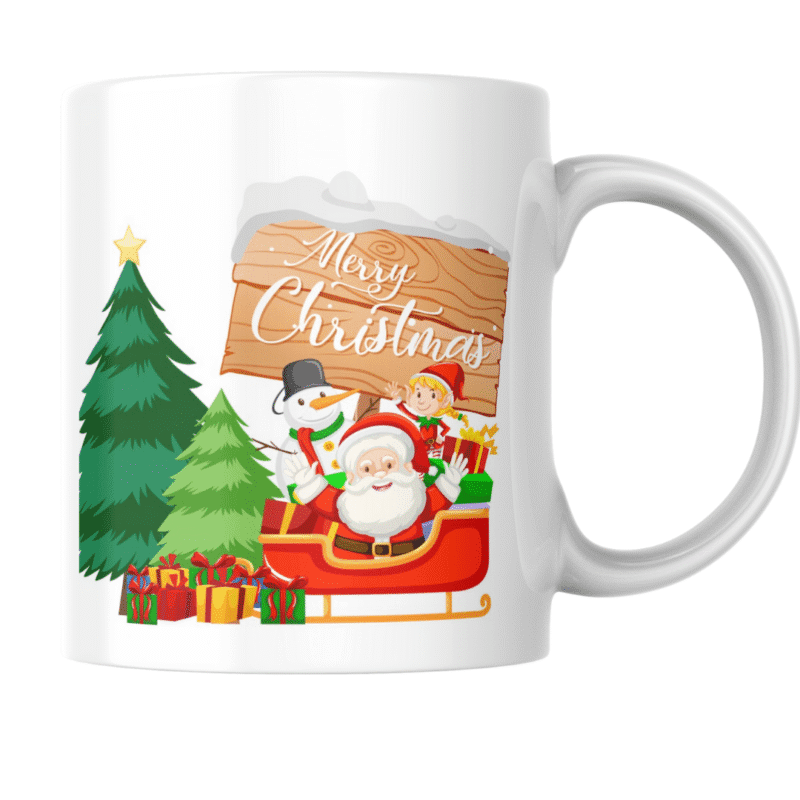 Santa rides festive sleigh with gifts beside Christmas trees and snowman