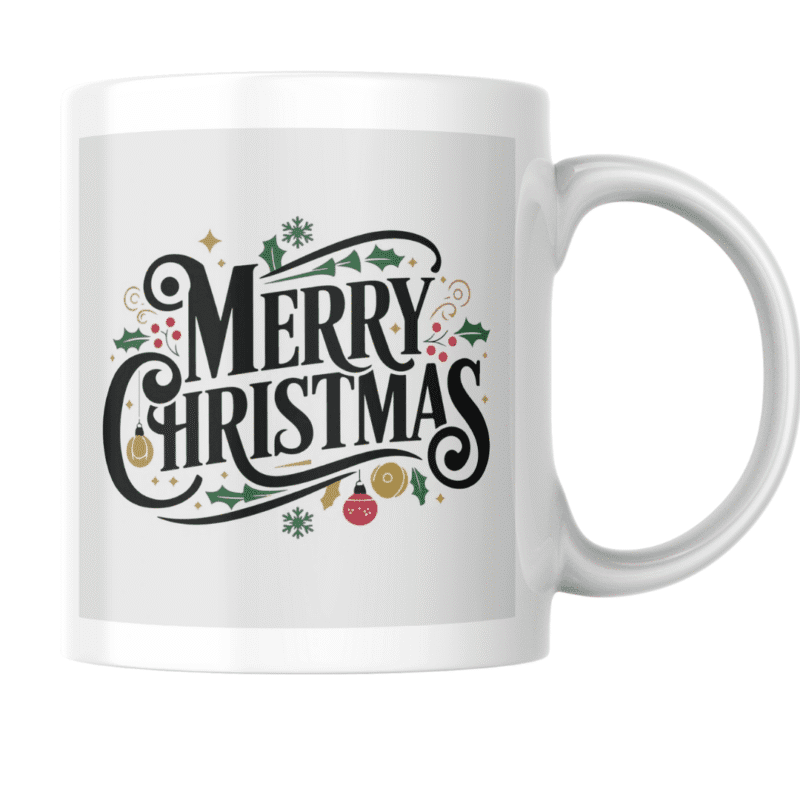 Elegant Merry Christmas typography decorated with holly berries ornaments and snowflakes