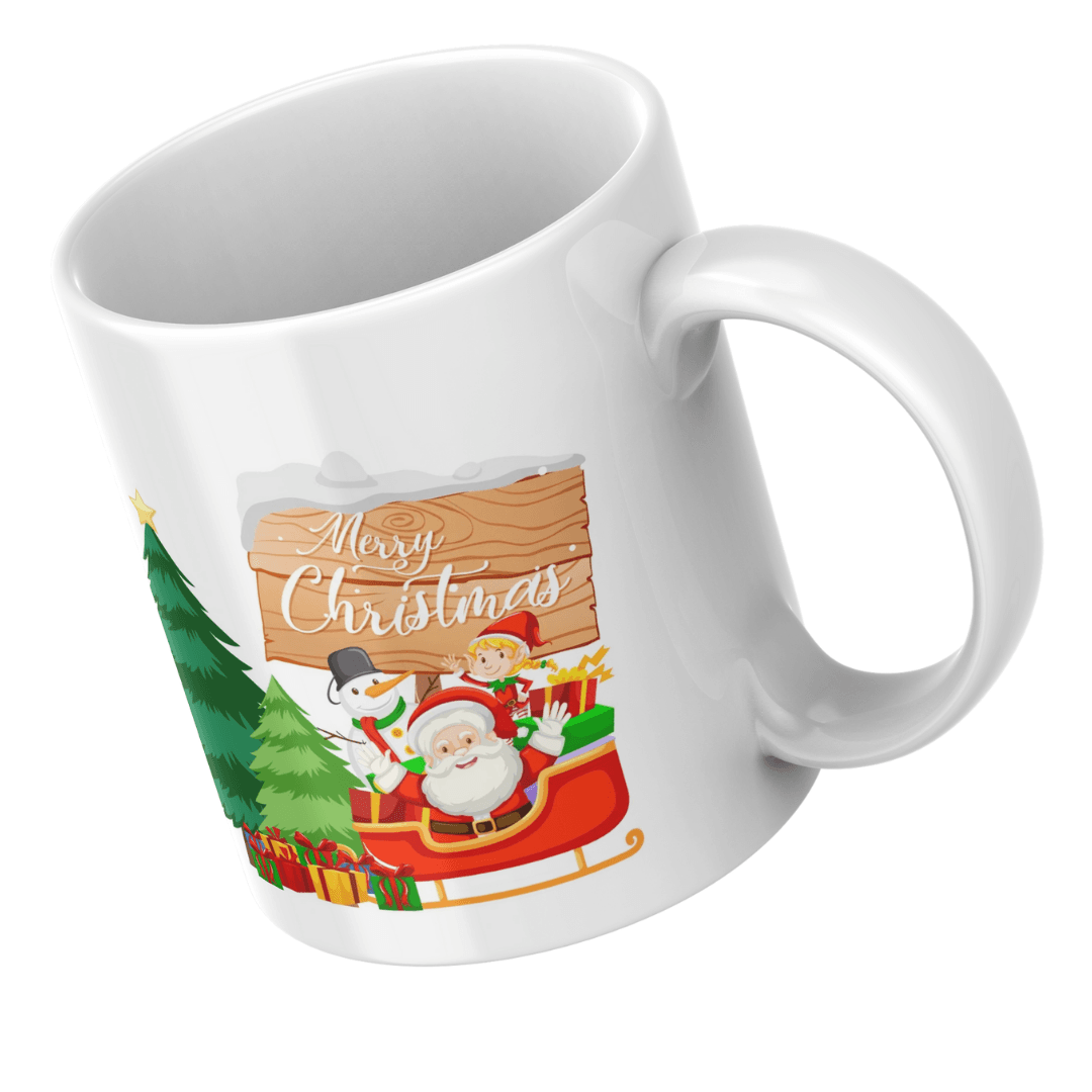 Santa rides festive sleigh with gifts beside Christmas trees and snowman