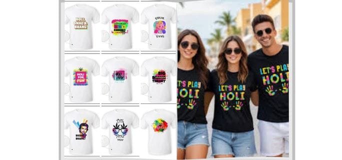 Colorful Holi T-shirt online, Holi T-shirts for men women kids, buy Holi t-shirt online India, festival Holi wear, trendy Holi t shirts, family Holi t-shirt collection
