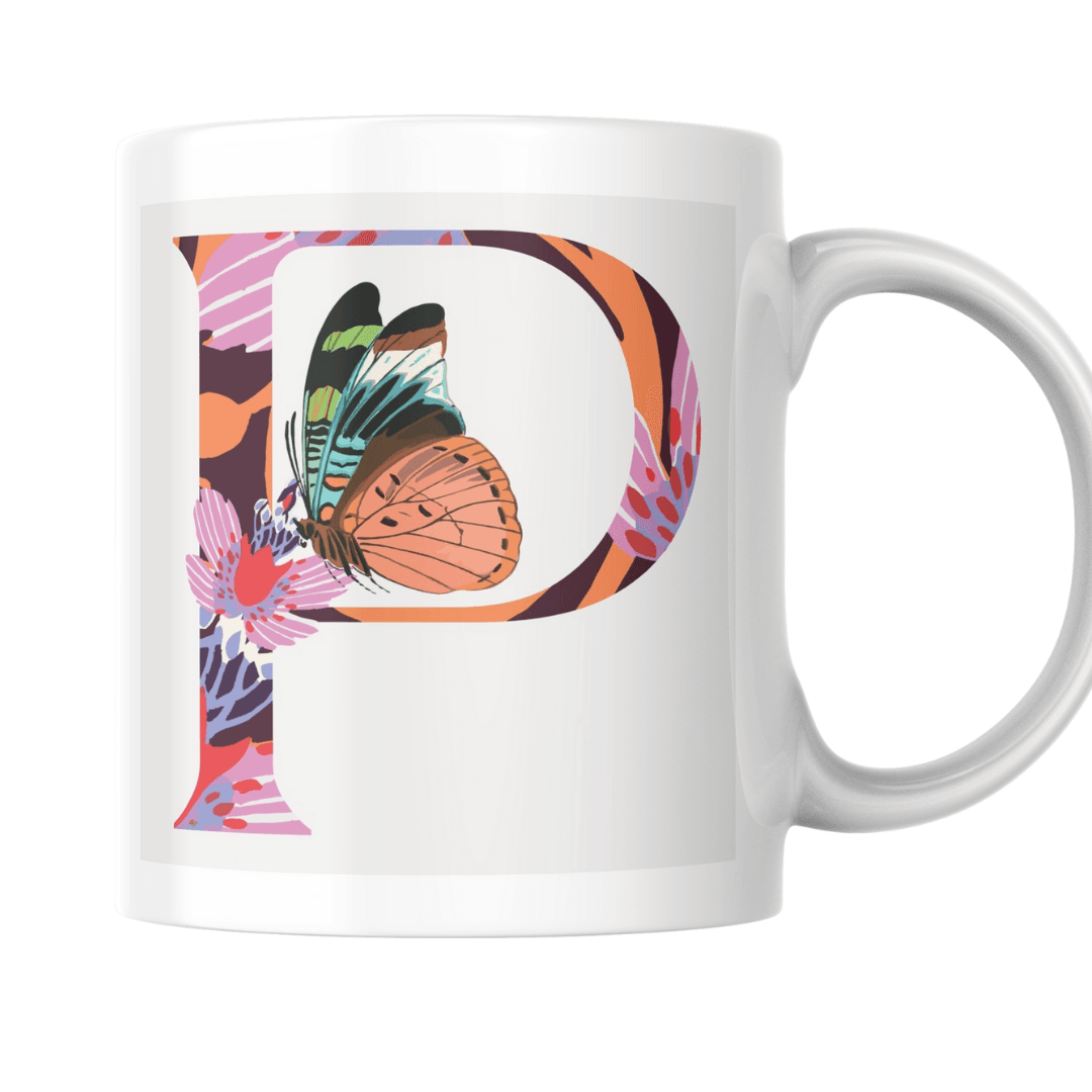 Bold Decorative P Letter Featuring Multicolored Butterfly Artwork