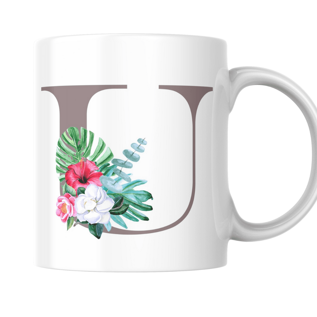 Elegant Floral U Monogram with Tropical Botanical Beauty Mug