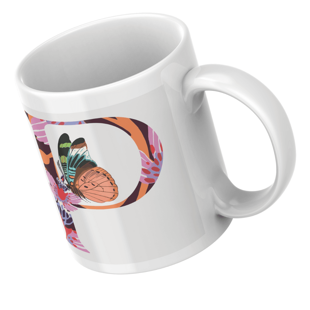 Bold Decorative P Letter Featuring Multicolored Butterfly Artwork Mug 7 - Product GuruJi Bold Decorative P Letter Featuring Multicolored Butterfly Artwork Mug