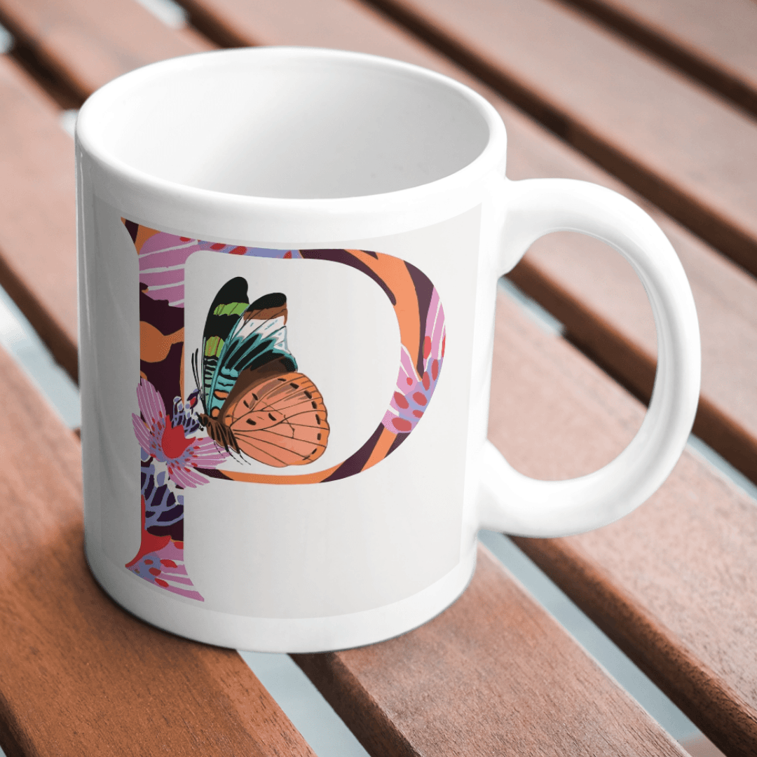 Bold Decorative P Letter Featuring Multicolored Butterfly Artwork Mug 5 - Product GuruJi Bold Decorative P Letter Featuring Multicolored Butterfly Artwork Mug