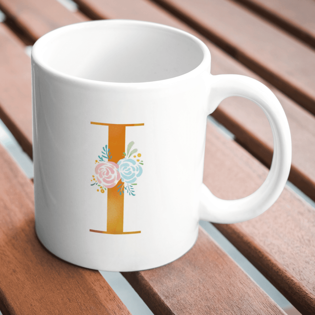 Elegant Floral Accents Highlight a Soft Watercolor Letter I MUG