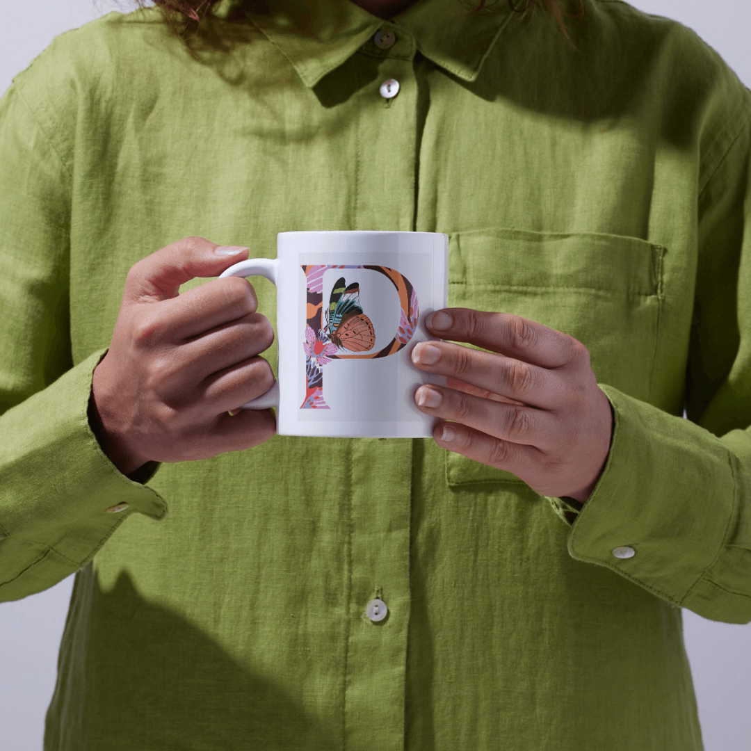 Bold Decorative P Letter Featuring Multicolored Butterfly Artwork Mug 6 - Product GuruJi Bold Decorative P Letter Featuring Multicolored Butterfly Artwork Mug