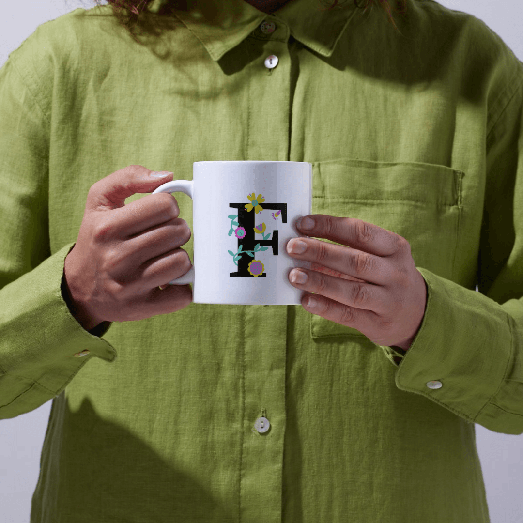 Colorful Floral Decorations Enhancing a Stylish Bold Letter F Mug 5 - Product GuruJi Colorful Floral Decorations Enhancing a Stylish Bold Letter F