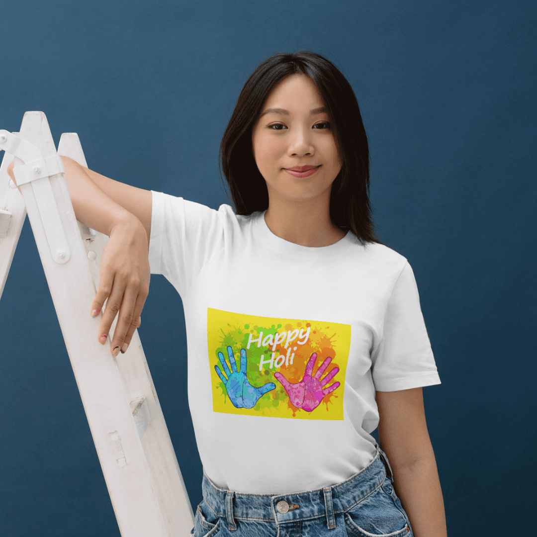 Colorful Handprints Celebrate Holi With Vibrant Festive Joy - t-shirt